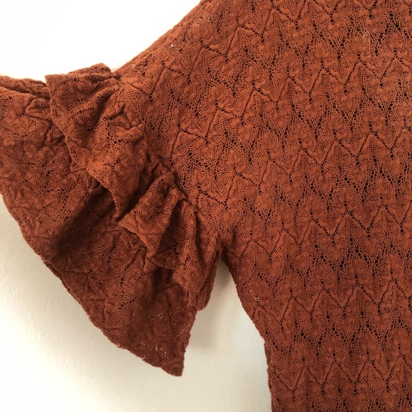 70s Style Ruffle Sleeve Rust Brown Mini Dress - Picture 2 of 7